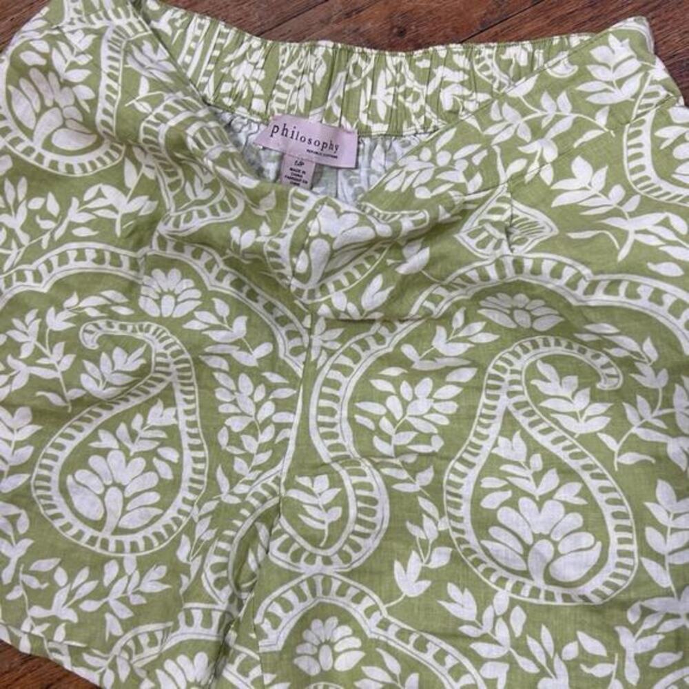 Philosophy Green White Linen Shorts Beach‎ Resort Summer Floral Boho SP - Picture 3 of 3
